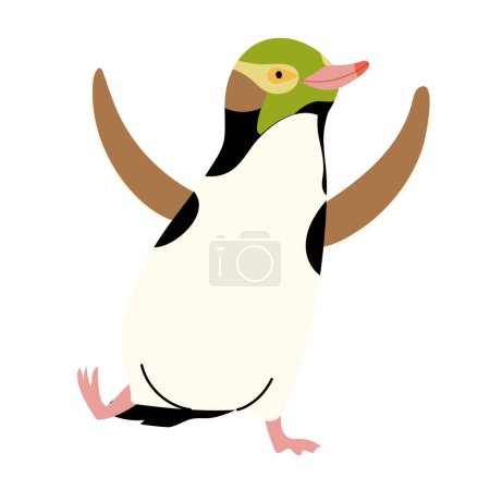 Mignon pingouin aux yeux jaunes dansant. Caractère de bande dessinée isolé sur fond blanc. Océanie et Australie animaux. Nouvelle-Zélande et faune