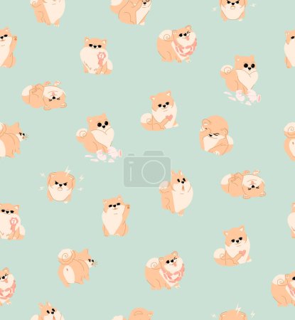 Illustration for Spitz dog seamless pattern. Cute funny dogs in different poses on pastel green background. Vector cute illustration for packaging, wallpaper, cover, poster, template, and more - Royalty Free Image