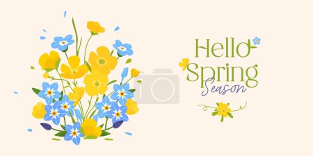 Hallo Frühling Banner oder horizontales Poster für Frühlingsferien mit gelbem Ranunkel und Vergissmeinnicht-Myosotis-Blüte. Handgezeichneter Blumenhintergrund für Ostern, Geburtstag oder Muttertag, Grüße, Einladungskarte, Druck
