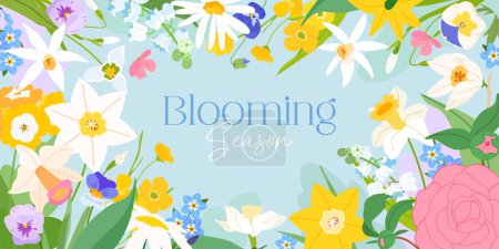 Banner de temporada de floración de primavera sobre fondo azul. Diseño colorido de plantas en flor con flores de jardín, flores y hojas. Perfecto para póster, impresiones, tarjetas, portada web