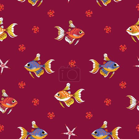 Nahtloses Muster von Meeresfischen goldenem Tetra auf rotem Hintergrund. Orange und blaue tropische Meeresfische Vektor-Illustration für Tapeten, Stoffdesign, Gewebe, Textilien, Packpapier