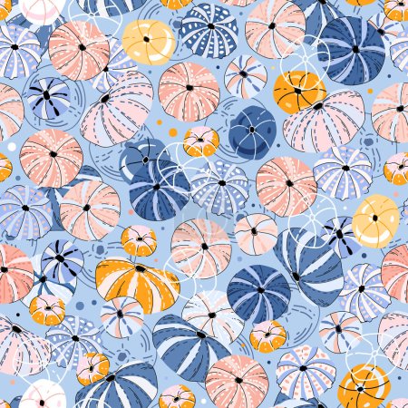 Téléchargez les illustrations : Coquille d'oursin de mer motif sans couture. Illustration vectorielle colorée de créature sous-marine de récif océanique pour la couverture, papier peint, textile, tissu, papier d'emballage, tissu - en licence libre de droit