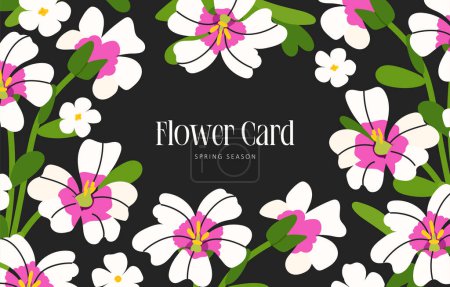 Tarjeta de felicitación de flores de primavera. Resumen Floral Bacopa monnieri vector ilustración sobre fondo negro para póster, pancarta, portada e impresiones