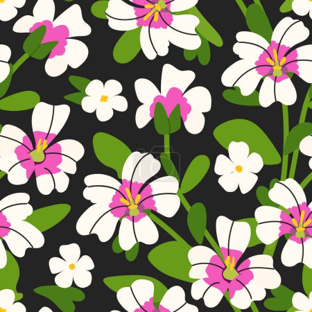 Illustration for Bacopa Monnieri Seamless pattern with Brahmi flower, plant and leaves. Spring vector background for print, fabric, tablecloth, wrapping paper, wallpaper, textile. Indian pennywort - Royalty Free Image