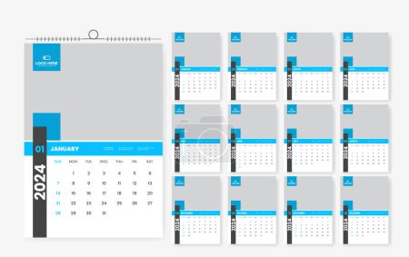 2024 diseño de calendario de pared, diseño de plantilla de calendario de pared de 12 páginas