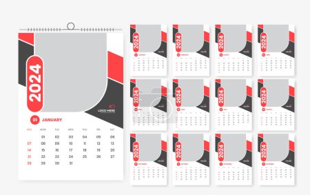 2024 diseño de calendario de pared, diseño de plantilla de calendario de pared de 12 páginas