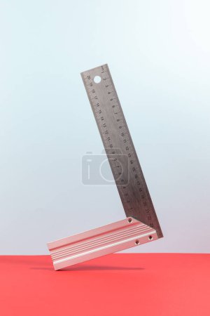 Photo for Steel measure corner with a measurement scale on cyan, yellow background - Royalty Free Image
