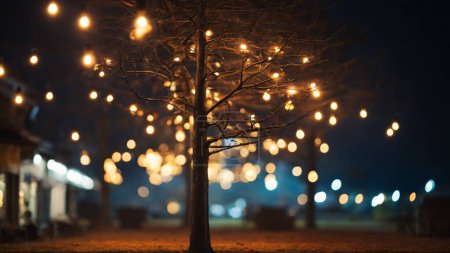 Christmas background with bokeh lights and pine tree branches