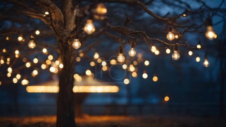 Series of warm glowing bulb string lights, giving off a cozy, festive atmosphere