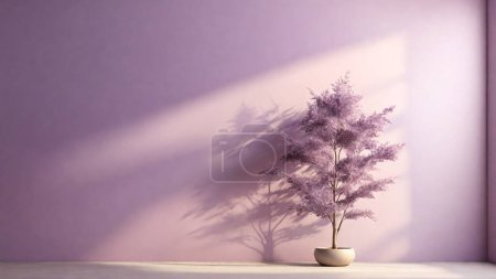 árbol decorativo en jarrón con pared púrpura. composición minimalista, sombra clara, tono púrpura