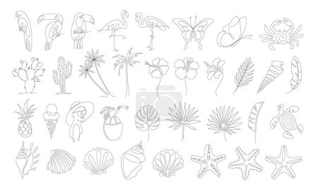 Illustration for Continuous Line Drawing Vector Set of Summer Elements. Graphic design for print poster, card, sticker tattoo. Single line art. One Line Hand Drawn Illustration on White Background. Simple linear style - Royalty Free Image