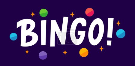 Téléchargez les illustrations : BINGO logo with lottery balls and stars. Bingo game. Vector illustration lucky quote. Fortune text. Graphic logo design for print poster, card, sticker, game, lottery win concept, casino - en licence libre de droit