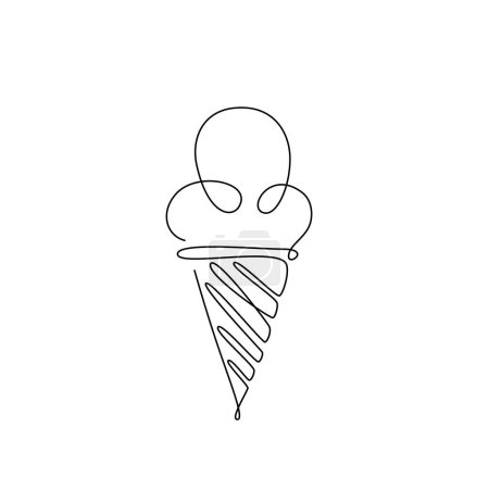 Illustration for ICE CREAM LINE ART. Vector ice cream cone. Continuous Line Drawing Vector for print poster, card, sticker tattoo, tee with icecream in a waffle cone. One Line art black Hand Drawn simple Illustration - Royalty Free Image