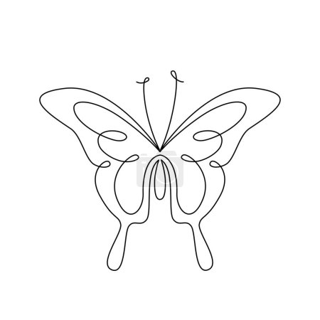 Ilustración de ARTE DE LA LÍNEA DE BUTTERFLY. Mariposa vectorial. Alas de mariposa de línea continua. Vector gráfico para póster impreso, tatuaje de etiqueta engomada, camiseta con insecto de verano. Ilustración simple en negro One Line sobre fondo blanco - Imagen libre de derechos