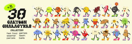 Illustration for Big set retro cartoon stickers with funny comic characters, gloved hands. Modern illustration with cute comics characters. Hand drawn doodles of comic characters. Set in modern cartoon style - Royalty Free Image
