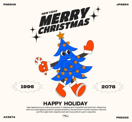 Téléchargez les illustrations : Personnages de dessin animé de Noël 90s poster.Christmas arbre personnages colorés drôles dans le style doodle avec des mains gantées. Illustration vectorielle groovy avec typographie - en licence libre de droit
