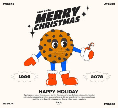 Téléchargez les illustrations : Personnages de dessin animé de Noël affiche des années 90. Biscuits au chocolat personnages colorés drôles dans le style doodle avec des mains gantées. Illustration vectorielle groovy avec typographie - en licence libre de droit