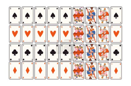 Illustration for Cartoon retro full deck of game cards for playing poker and casino. Jack, queen, king, playing cards for gambling. Retro groovy hippie design clubs, hearts, spades, diamonds. - Royalty Free Image