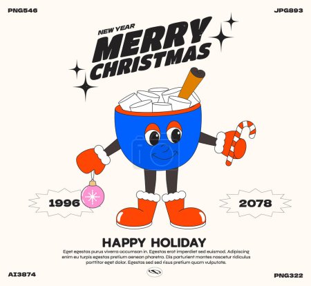 Illustration for Christmas cartoon characters 90s poster. Hot cocoa with marshmallows funny colorful characters in doodle style with gloved hands. Vector groovy illustration with typography - Royalty Free Image