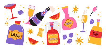 Illustration for Cartoon set of alcoholic drinks and cocktails. Bottles of gin and champagne, cork, cheers, ice cubes. Party set. Trendy retro groovy stickers shapes in 90s doodle style - Royalty Free Image