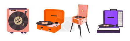 Illustration for Vector retro music vinyl players in 90s style.Groovy hippie cartoon illustration, stickers set - Royalty Free Image