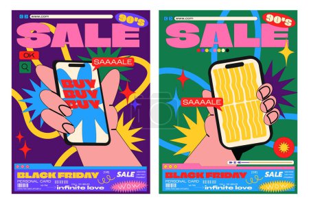 Illustration for Retro cartoon sale posters in retro 90s style. Groovy geometric memphis style, Hand holding smartphone with big discounts, great deals, black friday. Hippie vector banner - Royalty Free Image