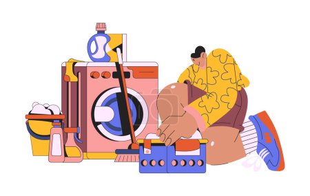 Ilustración de Personaje de dibujos animados de lavandería. Limpieza, lavado de ropa. Una mujer lava ropa sucia en una lavadora. Ilustración de garabatos retro sobre fondo blanco - Imagen libre de derechos
