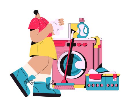 Illustration for Laundry cartoon character. Cleaning, washing clothes. A woman washes dirty clothes in a washing machine. Retro doodle illustration on white background - Royalty Free Image