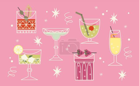 Illustration for Set of alcoholic cocktails in a cartoon retro style in glasses of different shapes. Author's classic summer drinks, aperitif. Hippie groovy drinks hand drawn - Royalty Free Image