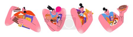 Téléchargez les illustrations : Personnages de bande dessinée bonbons filles avec des bonbons dans le style rétro années 90. Concept de dent sucrée, chupachups, fast food, bonbons. Doodle emo femme dans le style hippie groovy - en licence libre de droit