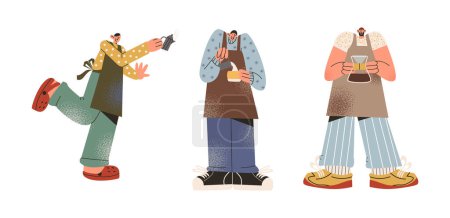 Illustration for Artoon barista characters in retro 90s style. Men workers with cups preparing coffee. esproso, cappuccino, latte. Workers, coffee shop staff, coffee maker. Flat illustration - Royalty Free Image