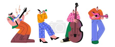 Ilustración de Poner a la gente tocando música y tocando instrumentos, aislados sobre fondo blanco - Imagen libre de derechos