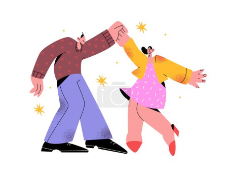 Ilustración de Personajes bailan hombre y mujer. Bola de baile de dibujos animados personas bailan movimientos. Parejas bailan coqueteando, relaciones, amor. Vector retro Ilustración - Imagen libre de derechos