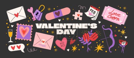 Illustration for Cartoon poster for St. Valentine's Day on February 14 in retro 90s style. Romantic elements, love envelope, hearts,love, gifts. Vector shapes big set. - Royalty Free Image