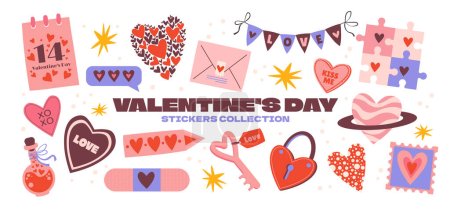Ilustración de Cartel de dibujos animados para el Día de San Valentín el 14 de febrero en estilo retro de los 90. Elementos románticos, sobre de amor, corazones, amor, regalos. Vector formas conjunto grande. - Imagen libre de derechos