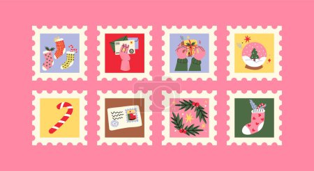 Téléchargez les illustrations : Un fond rose avec un bouquet de timbres de Noël - en licence libre de droit