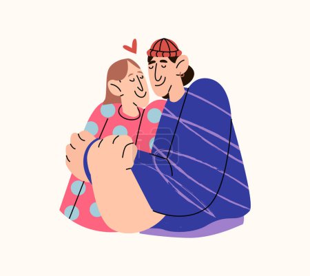 Illustration for People man and woman hugging. Cartoon characters happy friends greet each other. Support, trust, attitude, love, positive emotions concept. - Royalty Free Image