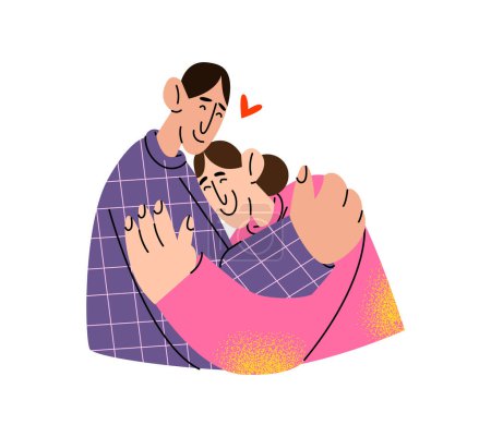 People man and woman hugging. Cartoon characters happy friends greet each other. Support, trust, attitude, love, positive emotions concept.