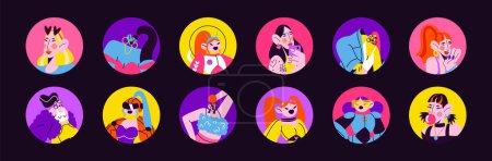 Illustration for Cartoon avatars girls retro characters. Smiling happy people in doodle style. Custom icons acid hippie female portraits - Royalty Free Image