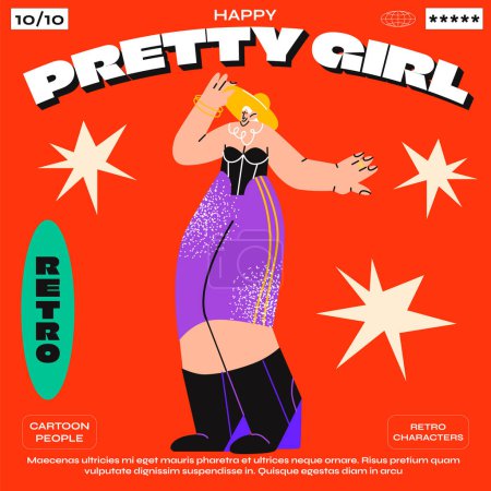 Ilustración de Chica glamour de dibujos animados retro de los años 90 en un traje de moda. Ácido brillante cartel groovy, vector personaje 80 adolescentes - Imagen libre de derechos
