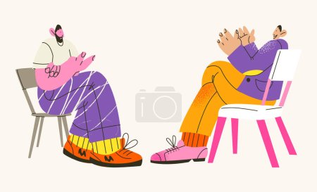 Illustration for Psychological therapy cartoon retro characters dialogue. The psychologist listens to the patient, the person communicates with the therapist. Psychological help concept - Royalty Free Image