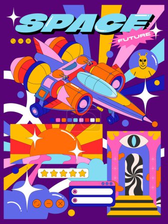 Illustration for Acid psychodelic groovy retro space poster in 90s style. Spaceship,abstract future elements in Memphis style.Geometric elements cartoon style - Royalty Free Image