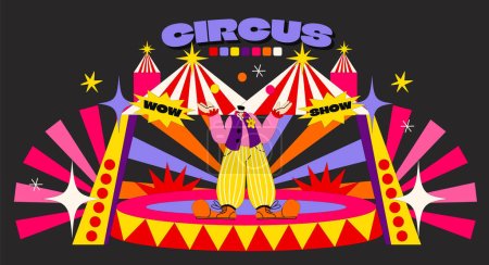 Illustration for Acid cartoon circus poster in 90s psychedelic style. Bright elements of the stage, circus arena, vintage tent. Circus show banner, invitation cards in groovy style - Royalty Free Image