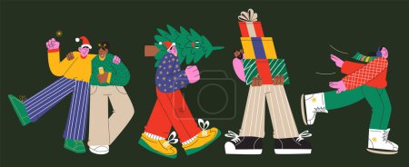 Illustration for Set of happy people with christmas tree and gifts - Royalty Free Image