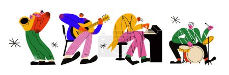 Ilustración de Personajes de música retro de dibujos animados en estilo de los 90. gente tocando instrumentos musicales.Rock banda de música vector ilustración - Imagen libre de derechos