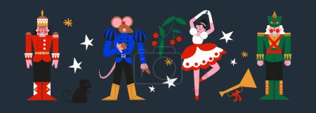 Ilustración de Personajes de dibujos animados de Navidad cascanueces bailarina y ratón guardián, juguetes al estilo de los años 90. Año Nuevo ilustración muñecas pegatinas - Imagen libre de derechos