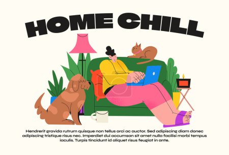 Illustration for A woman sitting on a couch with a dog, cat and a laptop - Royalty Free Image