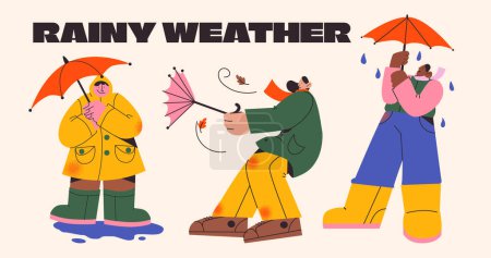 Ilustración de Tres personas con sombrillas bajo la lluvia - Imagen libre de derechos