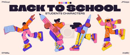Illustration for Back to School element stickers, stationery in cartoon retro cartoon groovy style - Royalty Free Image