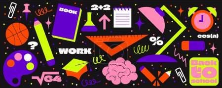 Illustration for Back to School element stickers, stationery in cartoon retro cartoon groovy style - Royalty Free Image